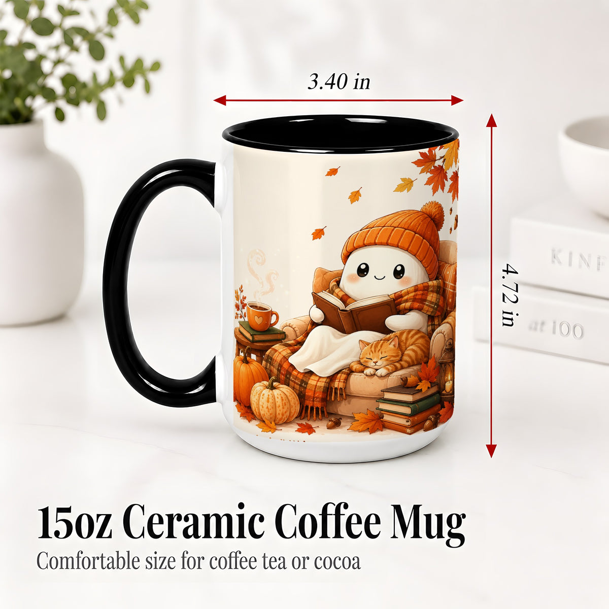 #pl[15oz|Black] Cozy Reading Ghost Ceramic Mug, Autumn Cat Pumpkin Artwork