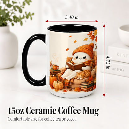 #pl[15oz|Black] Cozy Reading Ghost Ceramic Mug, Autumn Cat Pumpkin Artwork