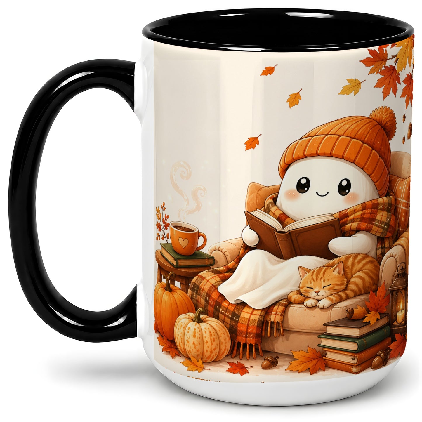 #pl[15oz|Black] Cozy Reading Ghost Ceramic Mug, Autumn Cat Pumpkin Artwork