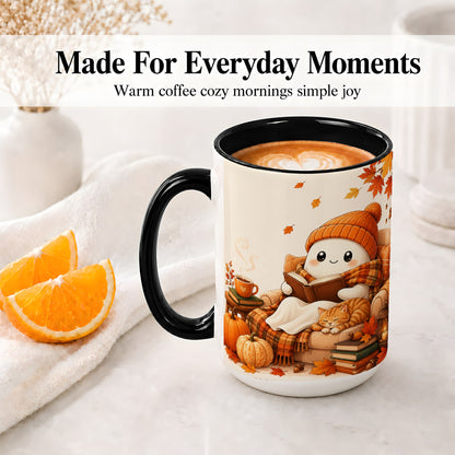 #pl[15oz|Black] Cozy Reading Ghost Ceramic Mug, Autumn Cat Pumpkin Artwork