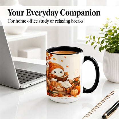 #pl[15oz|Black] Cozy Reading Ghost Ceramic Mug, Autumn Cat Pumpkin Artwork