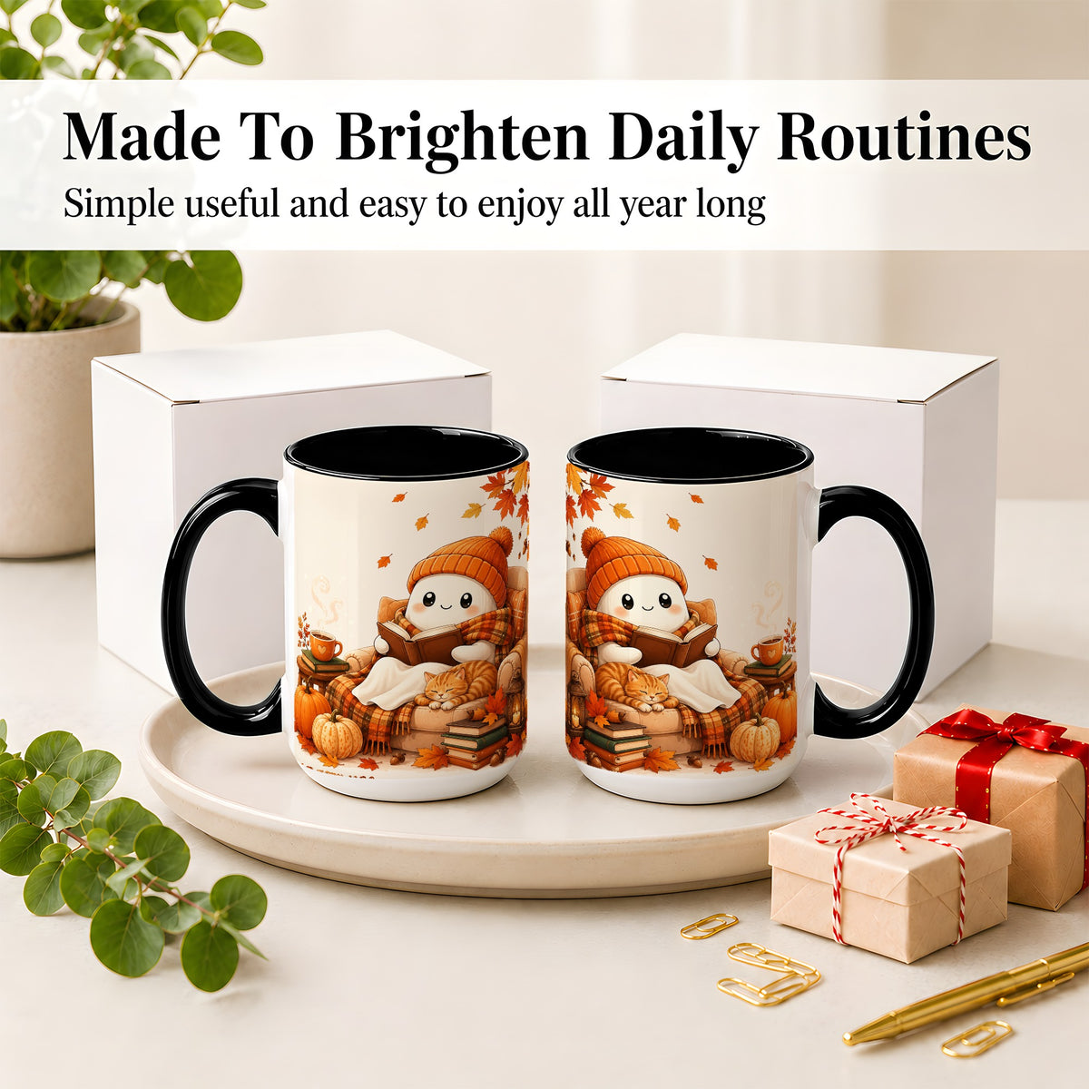 #pl[15oz|Black] Cozy Reading Ghost Ceramic Mug, Autumn Cat Pumpkin Artwork