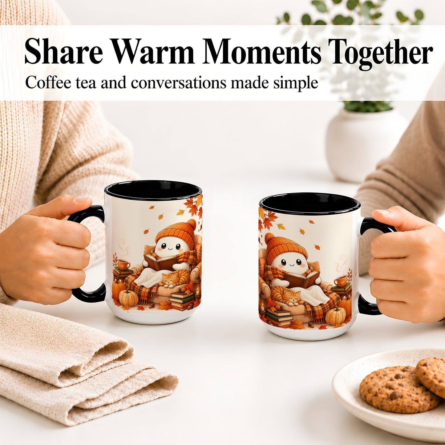 #pl[15oz|Black] Cozy Reading Ghost Ceramic Mug, Autumn Cat Pumpkin Artwork