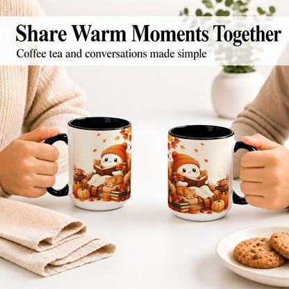 #pl[15oz|Black] Cozy Reading Ghost Ceramic Mug, Autumn Cat Pumpkin Artwork