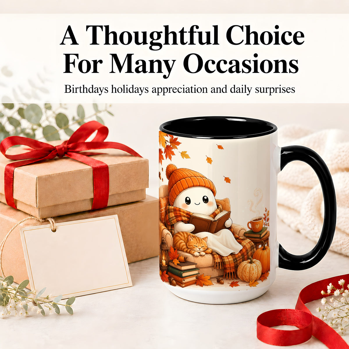 #pl[15oz|Black] Cozy Reading Ghost Ceramic Mug, Autumn Cat Pumpkin Artwork