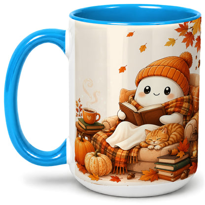 #pl[15oz|Blue] Cozy Reading Ghost Ceramic Mug, Autumn Cat Pumpkin Artwork