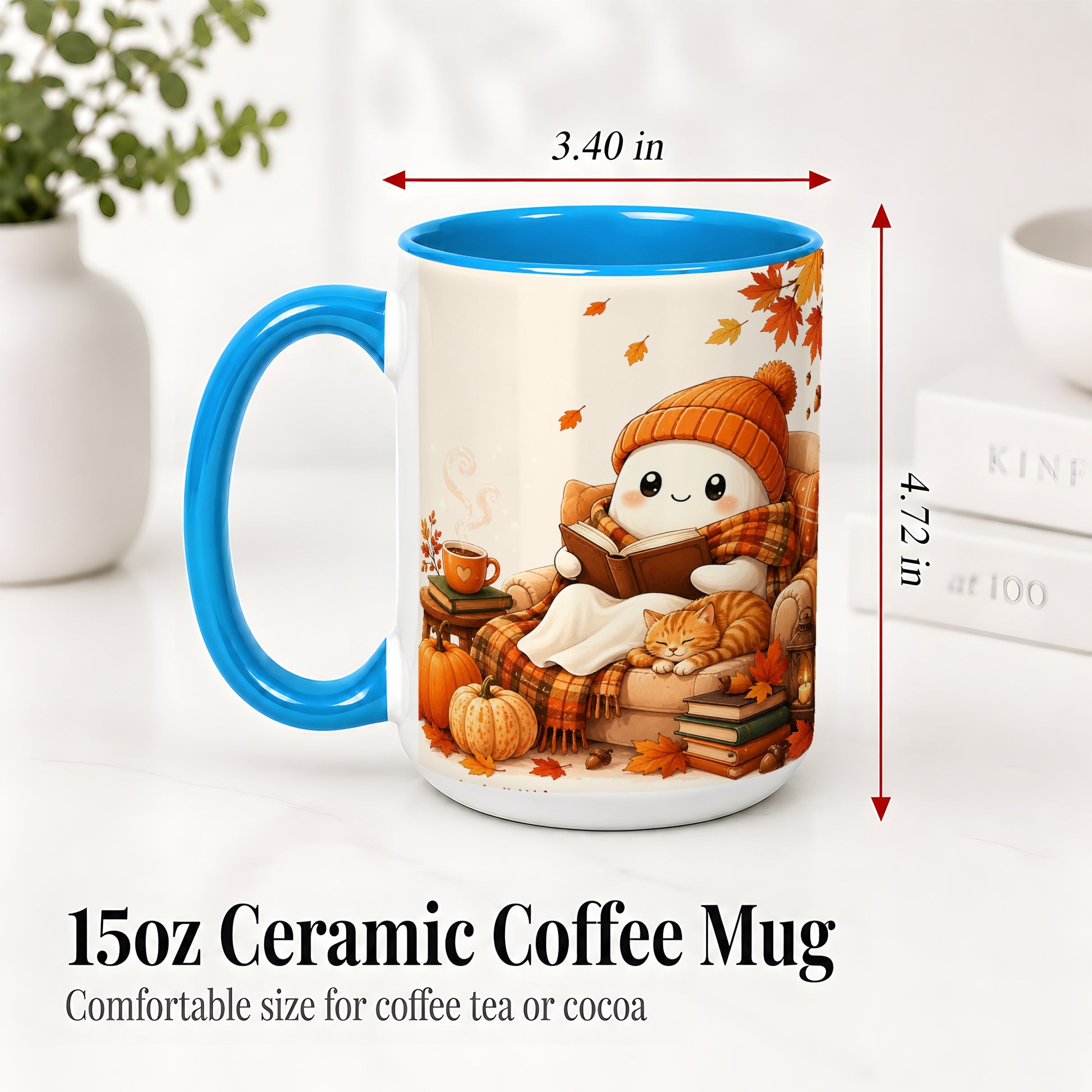#pl[15oz|Blue] Cozy Reading Ghost Ceramic Mug, Autumn Cat Pumpkin Artwork