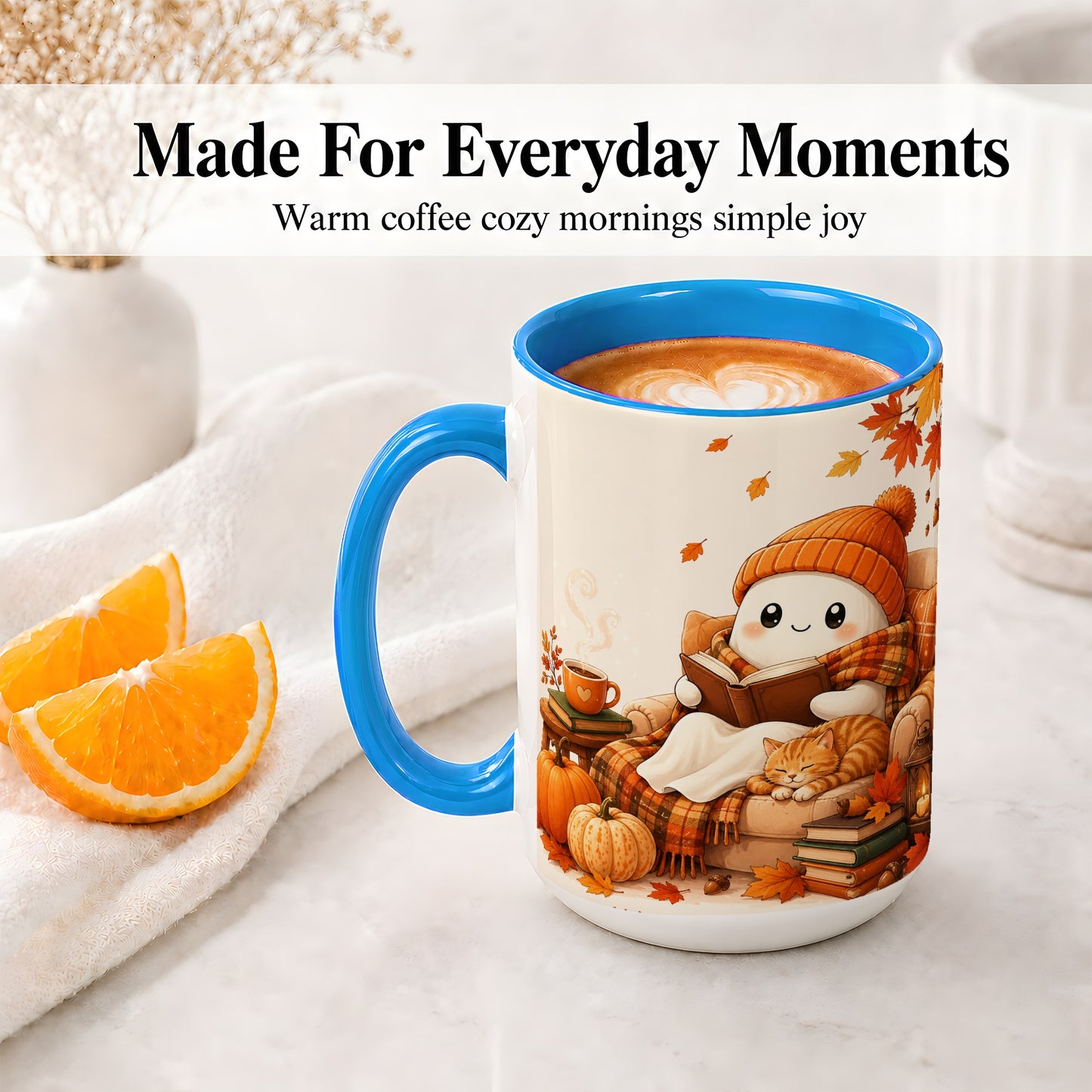 #pl[15oz|Blue] Cozy Reading Ghost Ceramic Mug, Autumn Cat Pumpkin Artwork