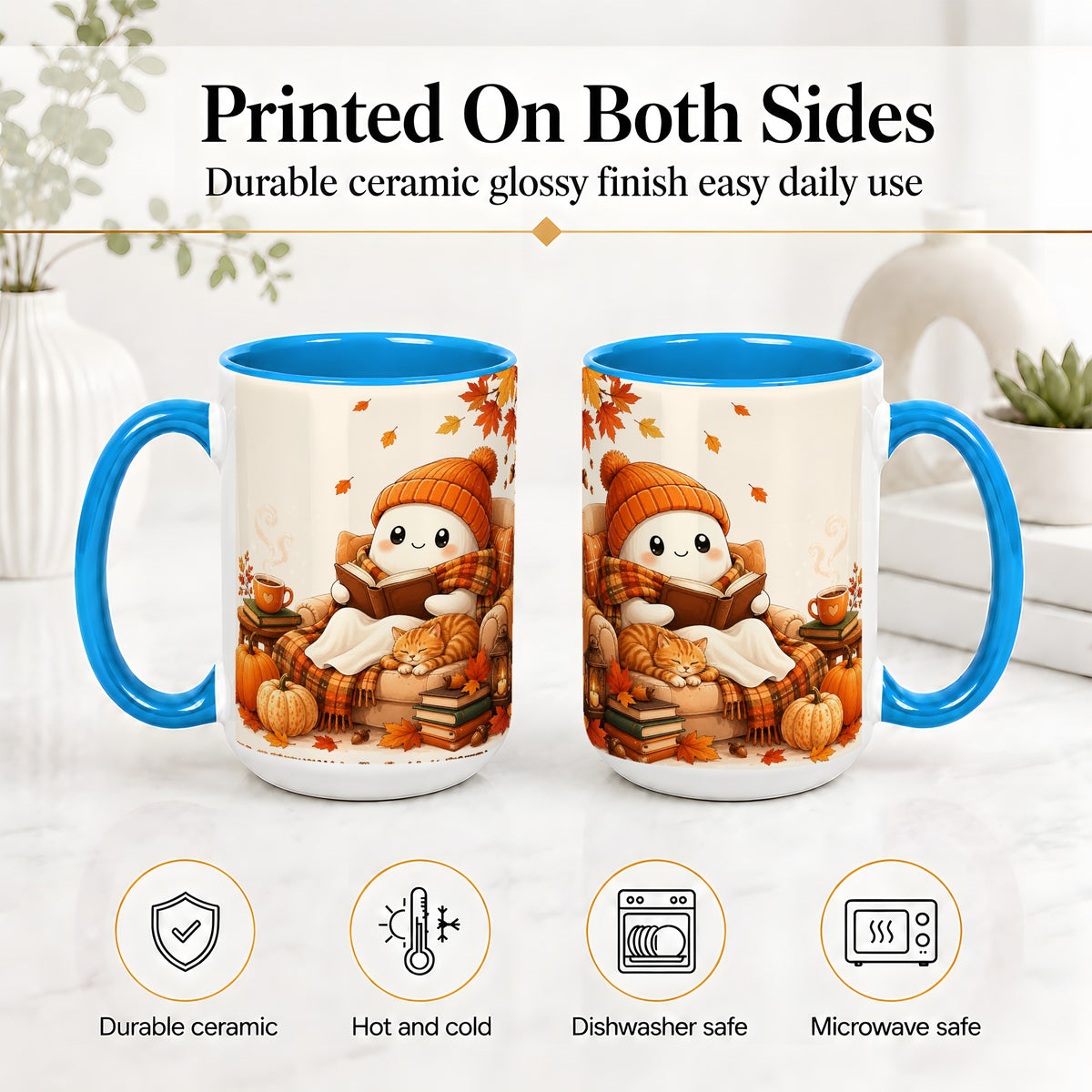 #pl[15oz|Blue] Cozy Reading Ghost Ceramic Mug, Autumn Cat Pumpkin Artwork