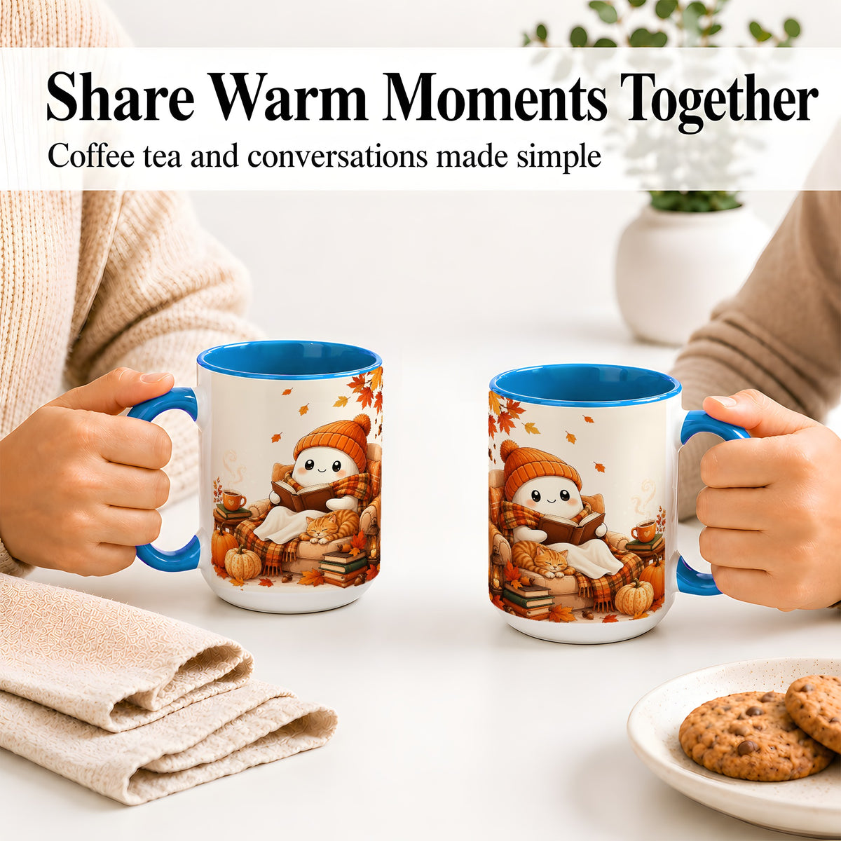 #pl[15oz|Blue] Cozy Reading Ghost Ceramic Mug, Autumn Cat Pumpkin Artwork
