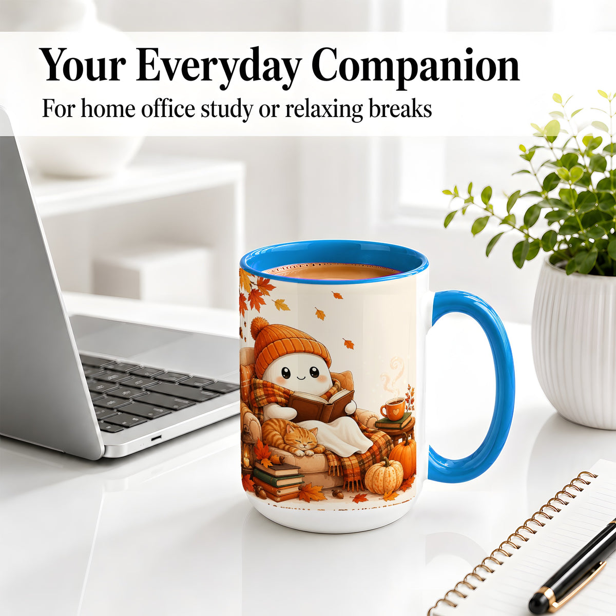 #pl[15oz|Blue] Cozy Reading Ghost Ceramic Mug, Autumn Cat Pumpkin Artwork