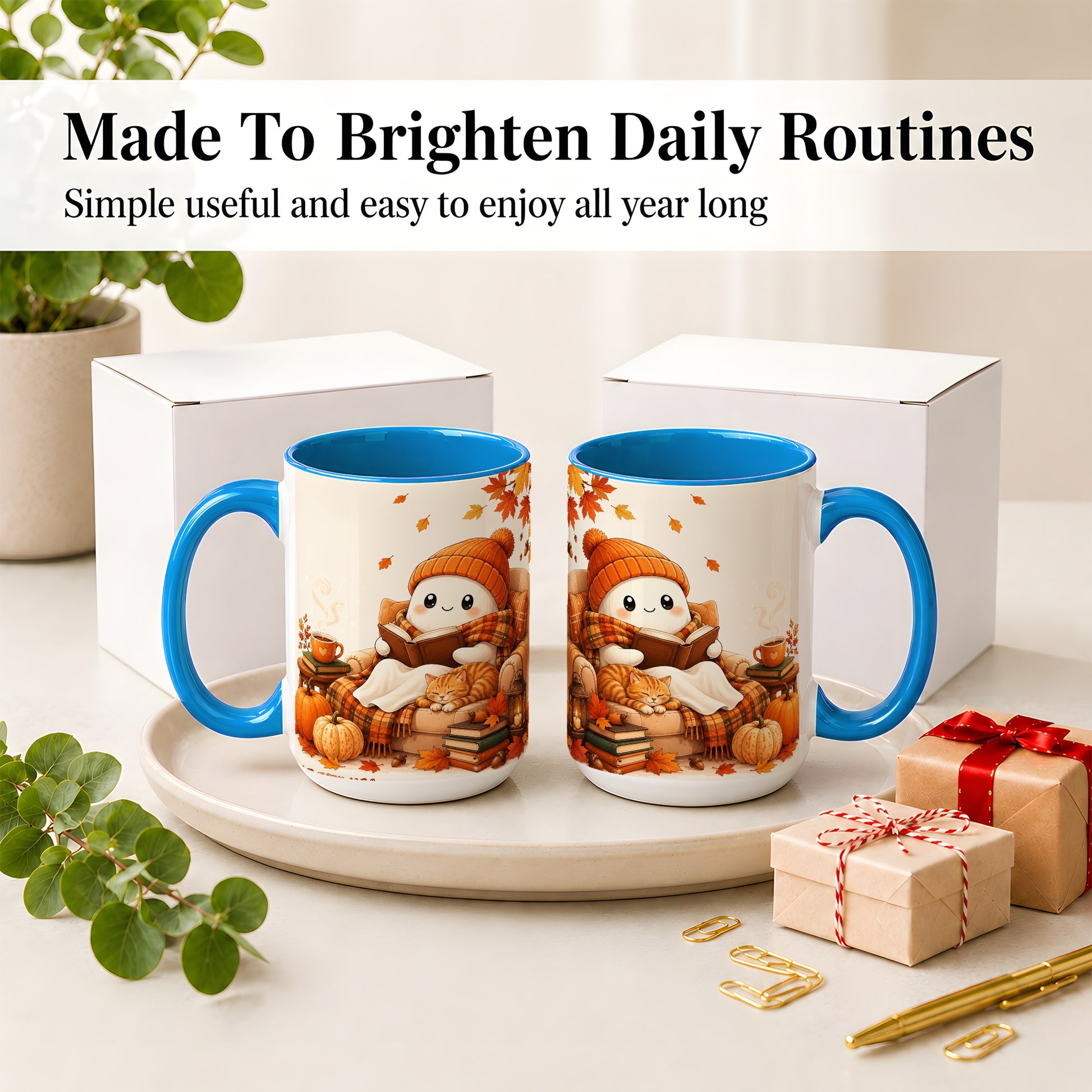 #pl[15oz|Blue] Cozy Reading Ghost Ceramic Mug, Autumn Cat Pumpkin Artwork