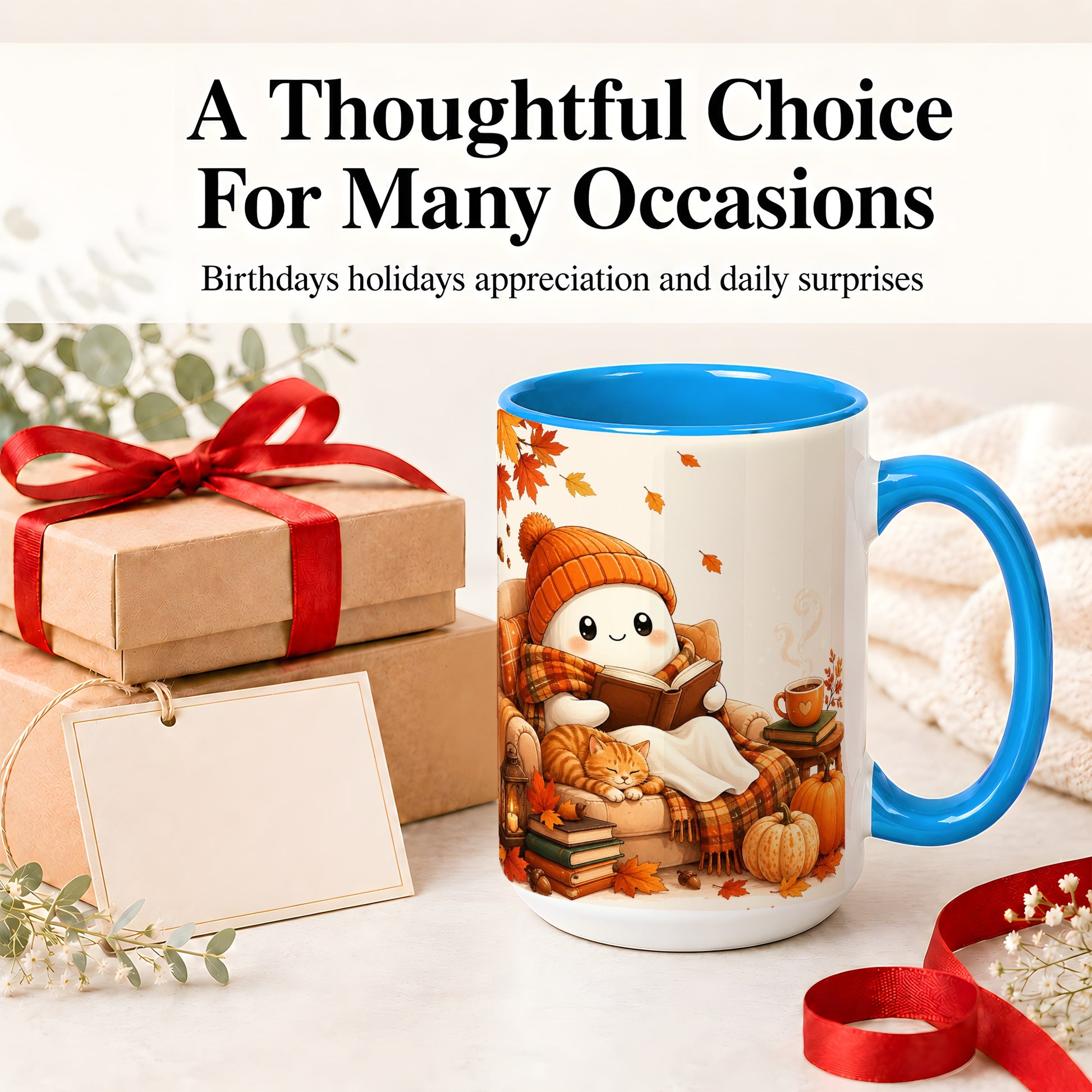 #pl[15oz|Blue] Cozy Reading Ghost Ceramic Mug, Autumn Cat Pumpkin Artwork
