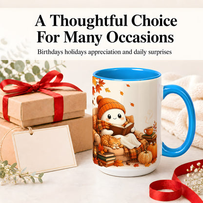 #pl[15oz|Blue] Cozy Reading Ghost Ceramic Mug, Autumn Cat Pumpkin Artwork