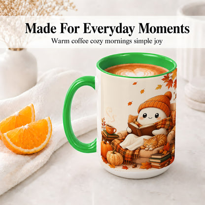 #pl[15oz|Green] Cozy Reading Ghost Ceramic Mug, Autumn Cat Pumpkin Artwork