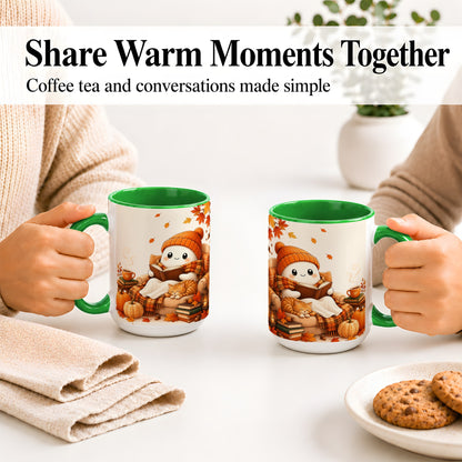 #pl[15oz|Green] Cozy Reading Ghost Ceramic Mug, Autumn Cat Pumpkin Artwork