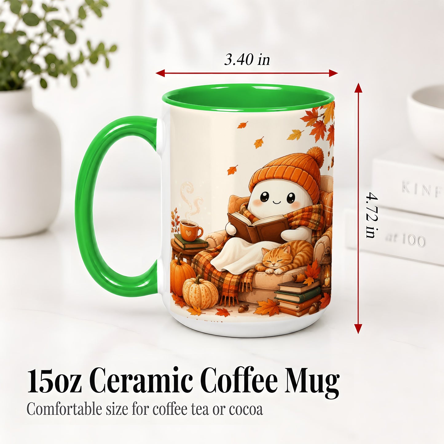 #pl[15oz|Green] Cozy Reading Ghost Ceramic Mug, Autumn Cat Pumpkin Artwork