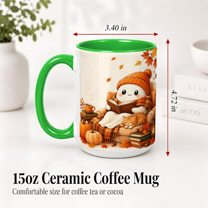 #pl[15oz|Green] Cozy Reading Ghost Ceramic Mug, Autumn Cat Pumpkin Artwork