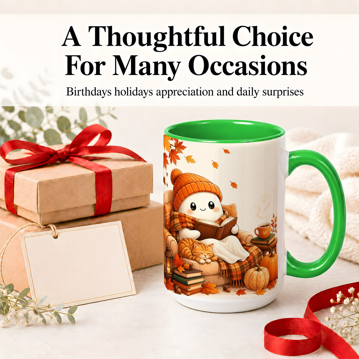 #pl[15oz|Green] Cozy Reading Ghost Ceramic Mug, Autumn Cat Pumpkin Artwork