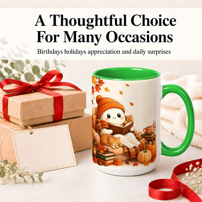 #pl[15oz|Green] Cozy Reading Ghost Ceramic Mug, Autumn Cat Pumpkin Artwork