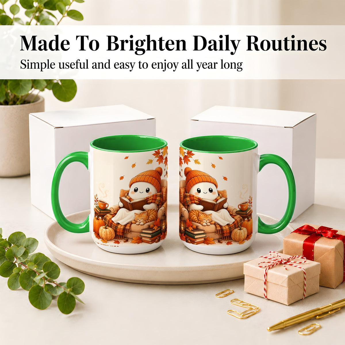 #pl[15oz|Green] Cozy Reading Ghost Ceramic Mug, Autumn Cat Pumpkin Artwork