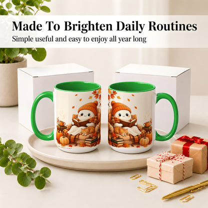 #pl[15oz|Green] Cozy Reading Ghost Ceramic Mug, Autumn Cat Pumpkin Artwork