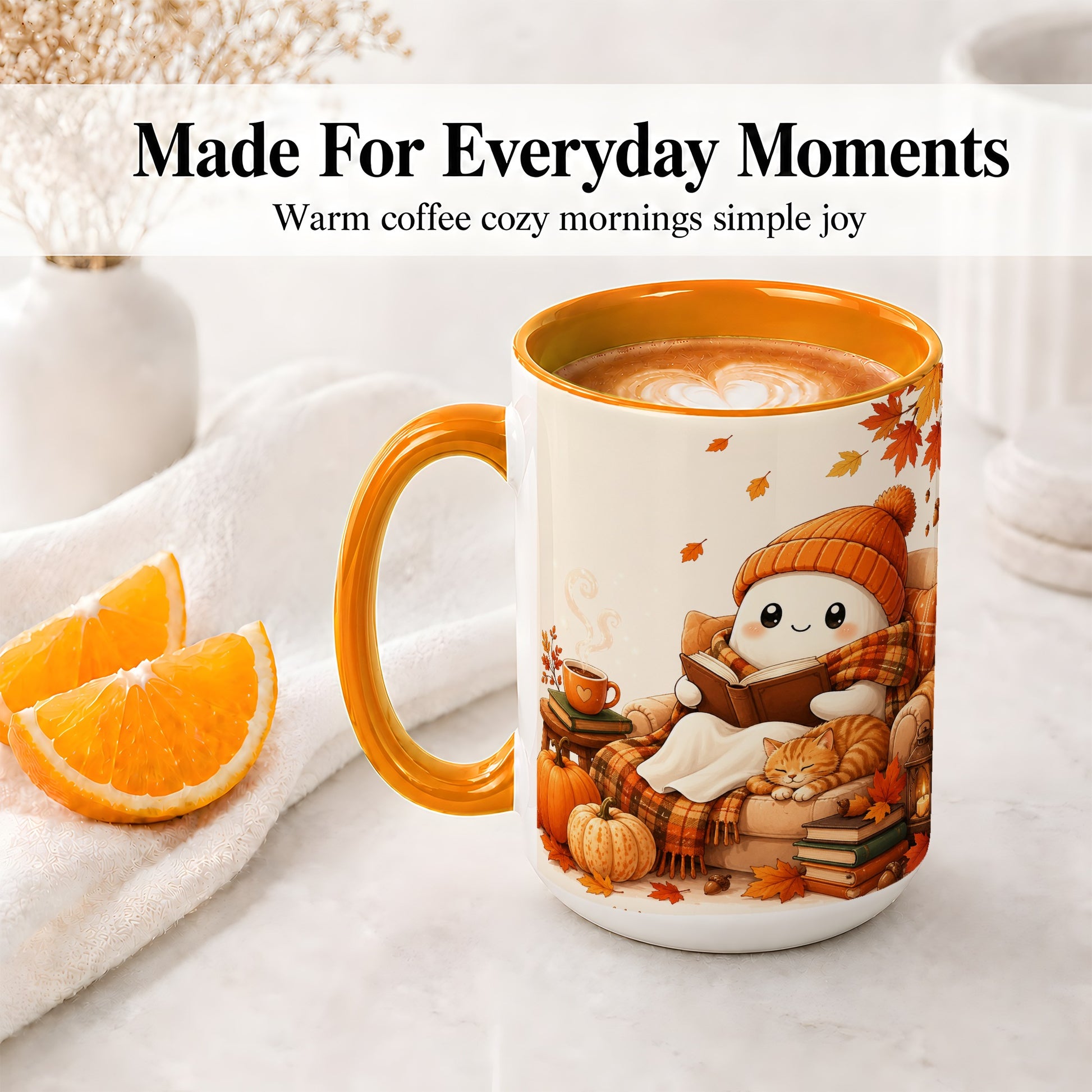 #pl[15oz|Orange] Cozy Reading Ghost Ceramic Mug, Autumn Cat Pumpkin Artwork