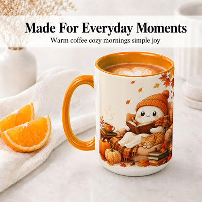 #pl[15oz|Orange] Cozy Reading Ghost Ceramic Mug, Autumn Cat Pumpkin Artwork