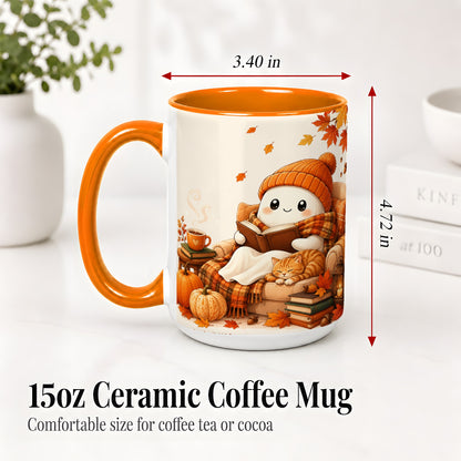 #pl[15oz|Orange] Cozy Reading Ghost Ceramic Mug, Autumn Cat Pumpkin Artwork