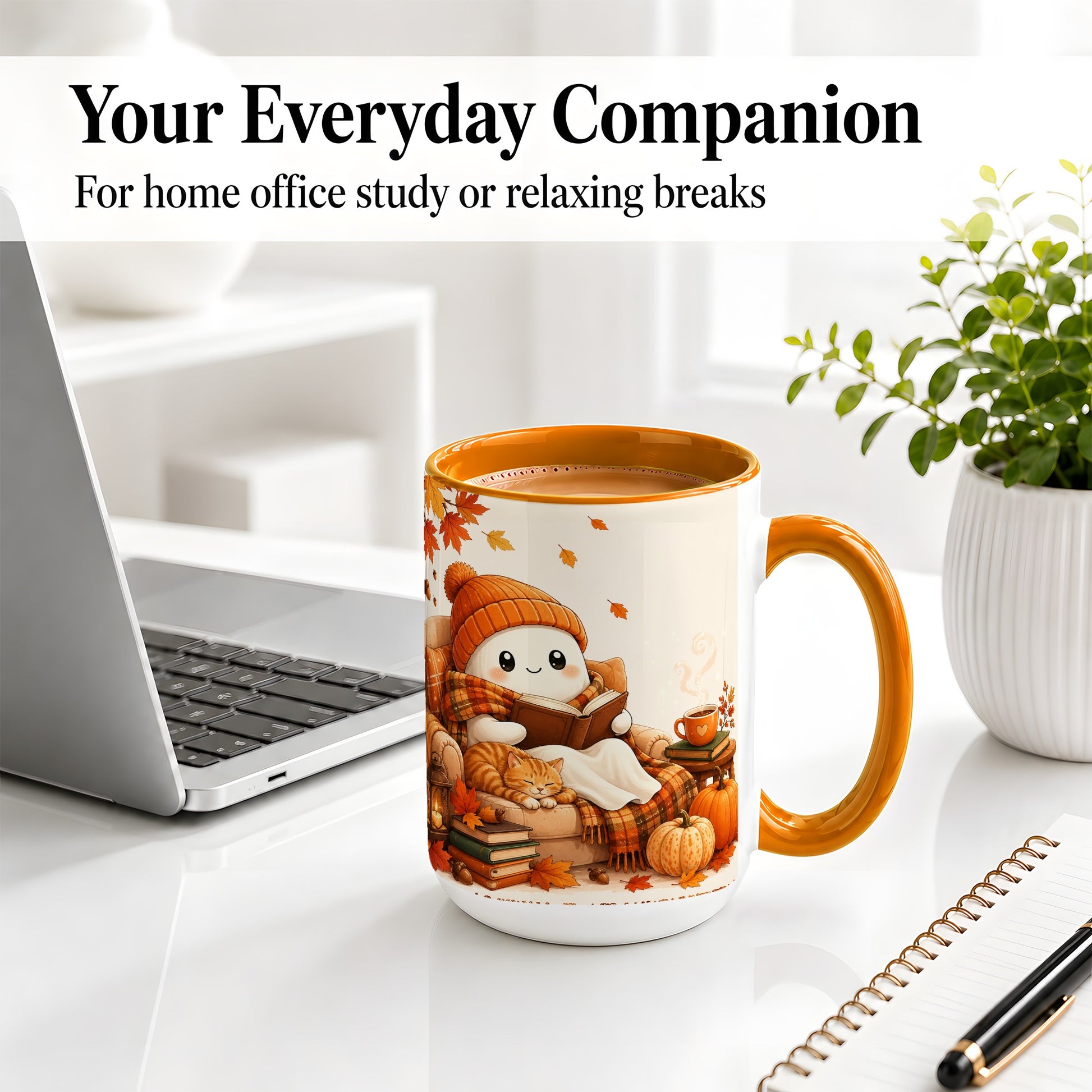 #pl[15oz|Orange] Cozy Reading Ghost Ceramic Mug, Autumn Cat Pumpkin Artwork