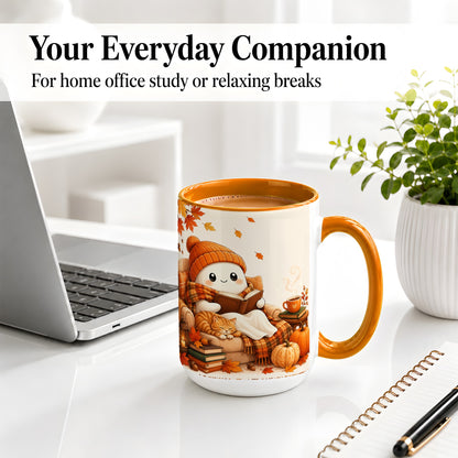 #pl[15oz|Orange] Cozy Reading Ghost Ceramic Mug, Autumn Cat Pumpkin Artwork