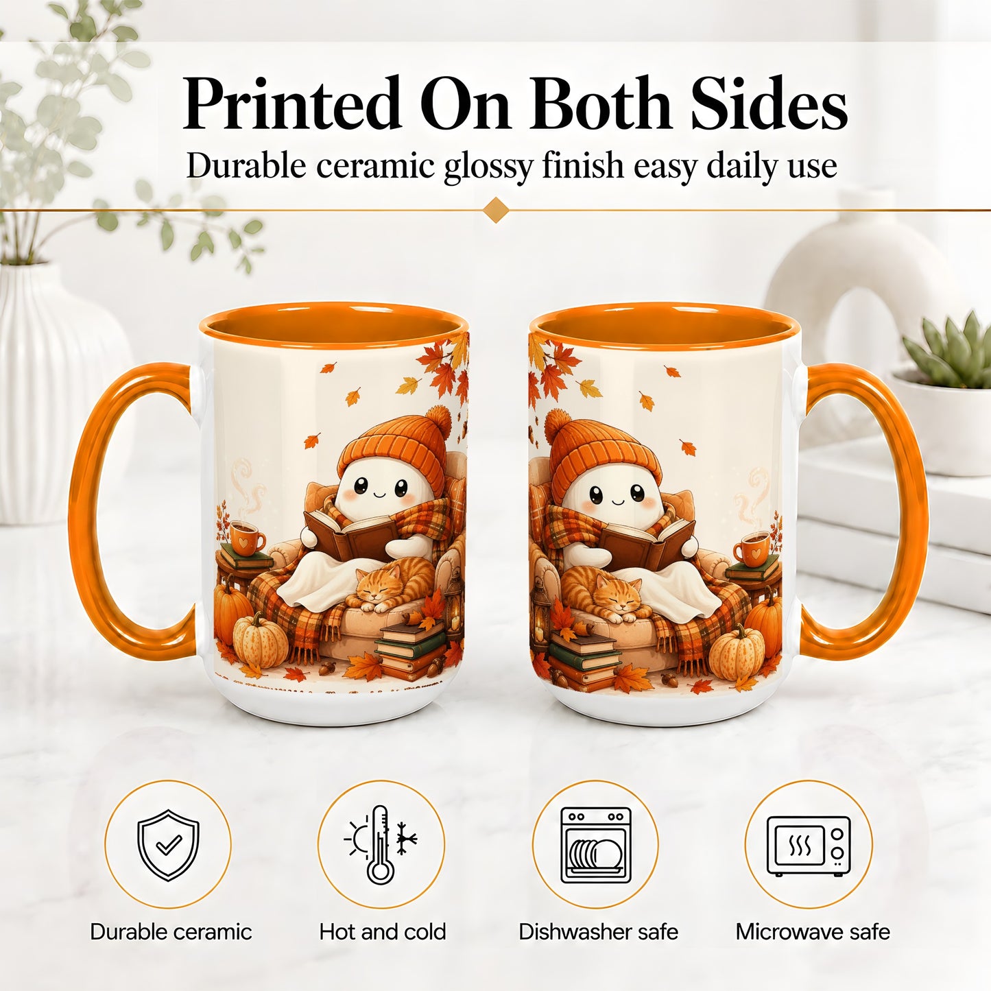 #pl[15oz|Orange] Cozy Reading Ghost Ceramic Mug, Autumn Cat Pumpkin Artwork