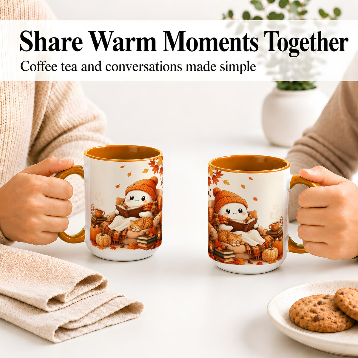#pl[15oz|Orange] Cozy Reading Ghost Ceramic Mug, Autumn Cat Pumpkin Artwork