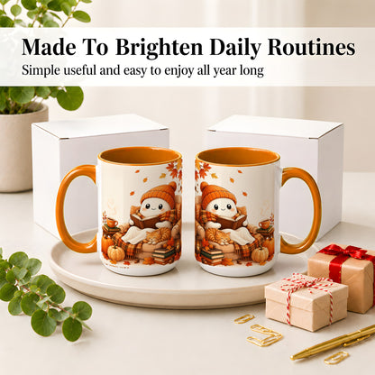 #pl[15oz|Orange] Cozy Reading Ghost Ceramic Mug, Autumn Cat Pumpkin Artwork