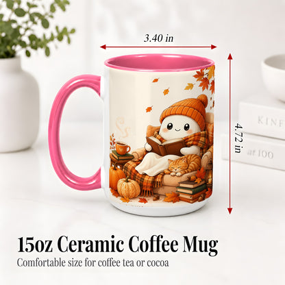 #pl[15oz|Pink] Cozy Reading Ghost Ceramic Mug, Autumn Cat Pumpkin Artwork