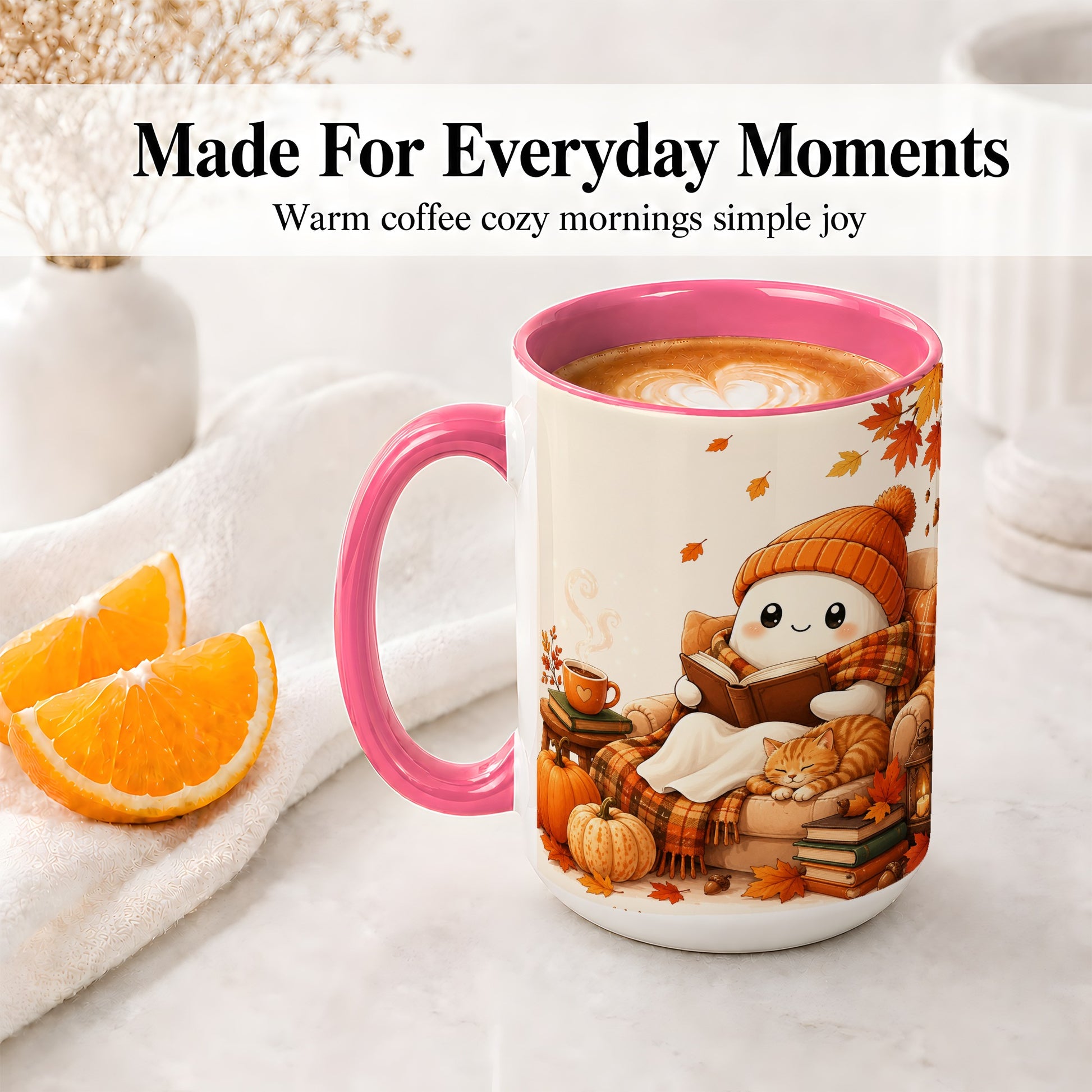 #pl[15oz|Pink] Cozy Reading Ghost Ceramic Mug, Autumn Cat Pumpkin Artwork