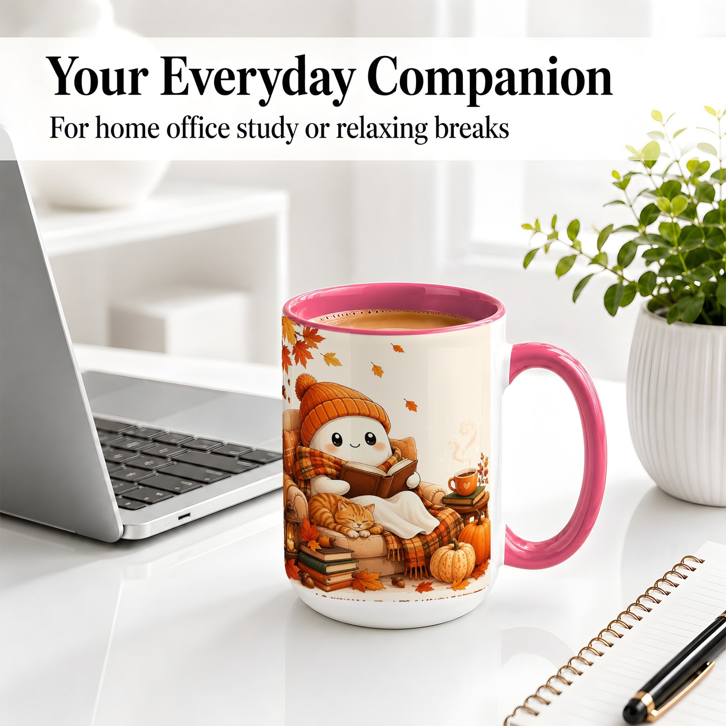 #pl[15oz|Pink] Cozy Reading Ghost Ceramic Mug, Autumn Cat Pumpkin Artwork