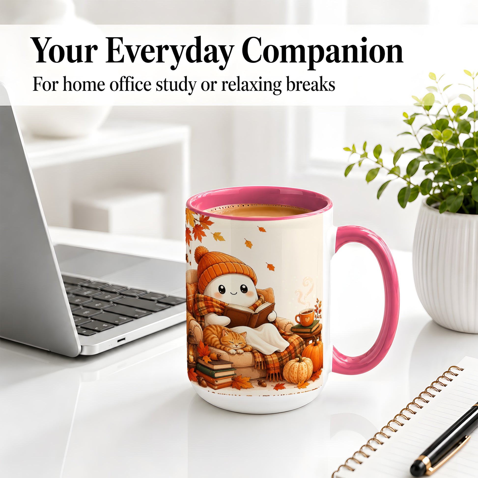 #pl[15oz|Pink] Cozy Reading Ghost Ceramic Mug, Autumn Cat Pumpkin Artwork