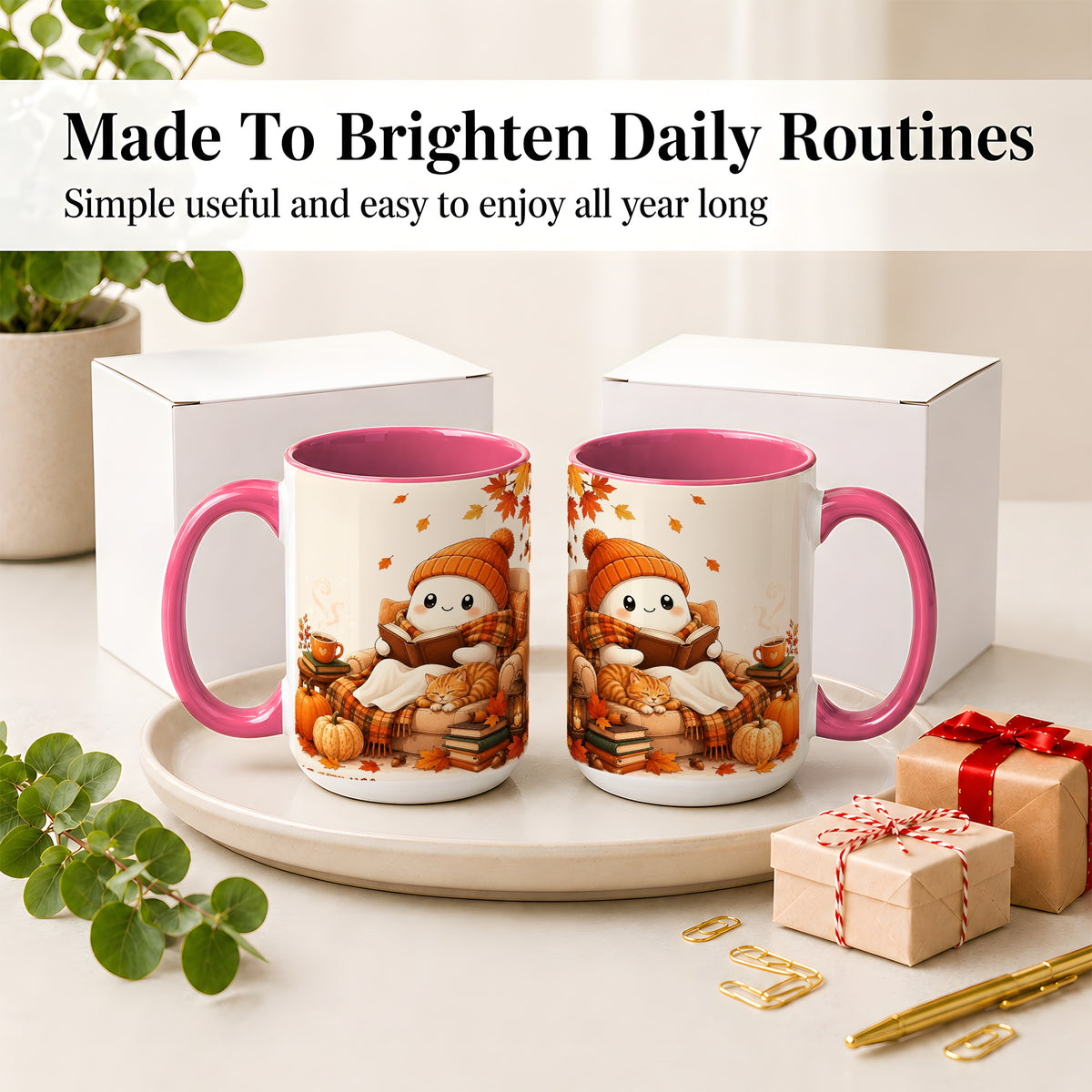 #pl[15oz|Pink] Cozy Reading Ghost Ceramic Mug, Autumn Cat Pumpkin Artwork