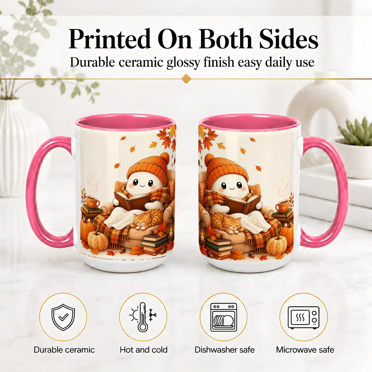 #pl[15oz|Pink] Cozy Reading Ghost Ceramic Mug, Autumn Cat Pumpkin Artwork