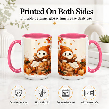 #pl[15oz|Pink] Cozy Reading Ghost Ceramic Mug, Autumn Cat Pumpkin Artwork