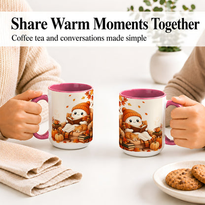 #pl[15oz|Pink] Cozy Reading Ghost Ceramic Mug, Autumn Cat Pumpkin Artwork