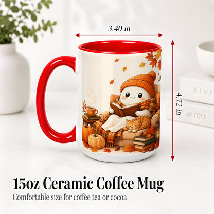 #pl[15oz|Red] Cozy Reading Ghost Ceramic Mug, Autumn Cat Pumpkin Artwork