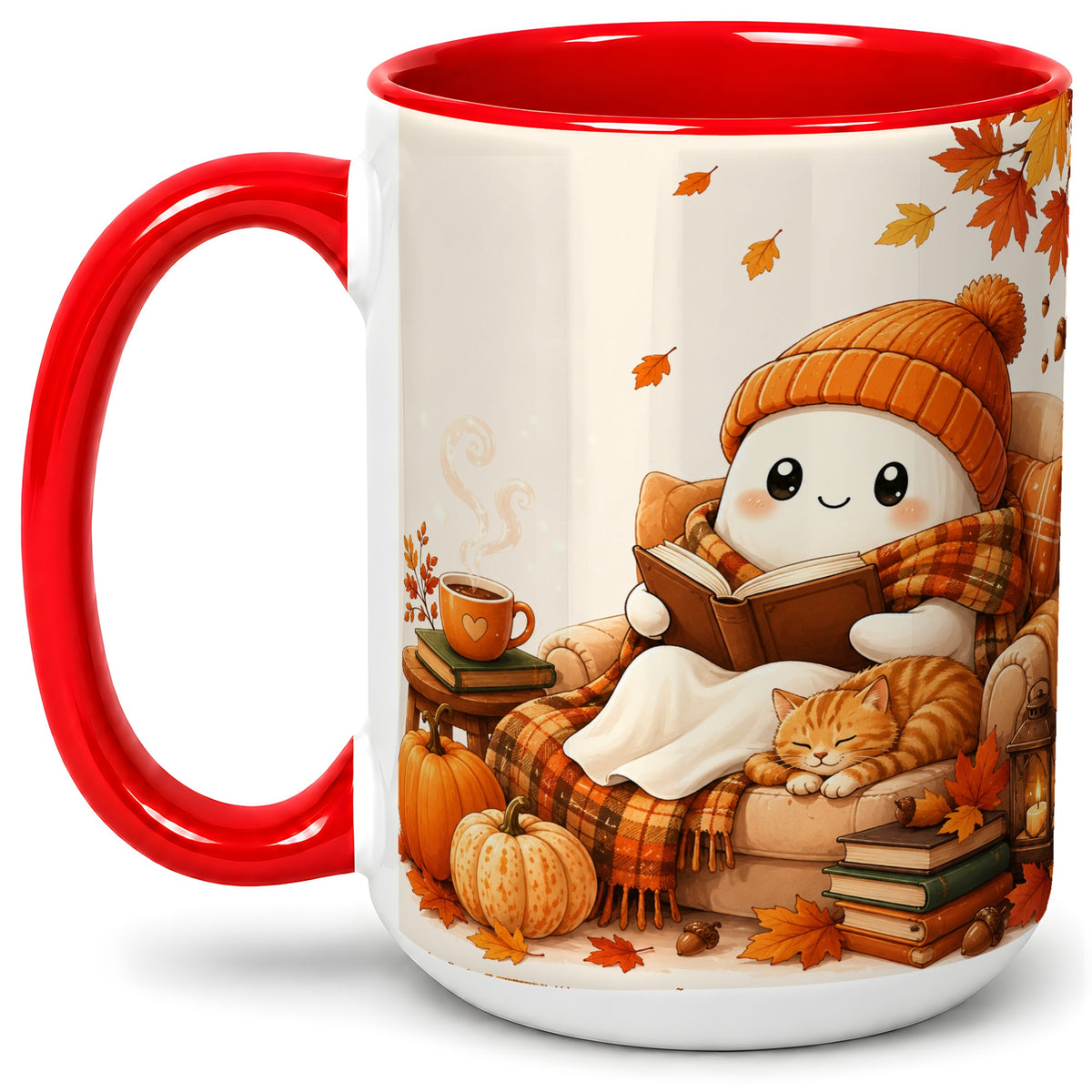 #pl[15oz|Red] Cozy Reading Ghost Ceramic Mug, Autumn Cat Pumpkin Artwork