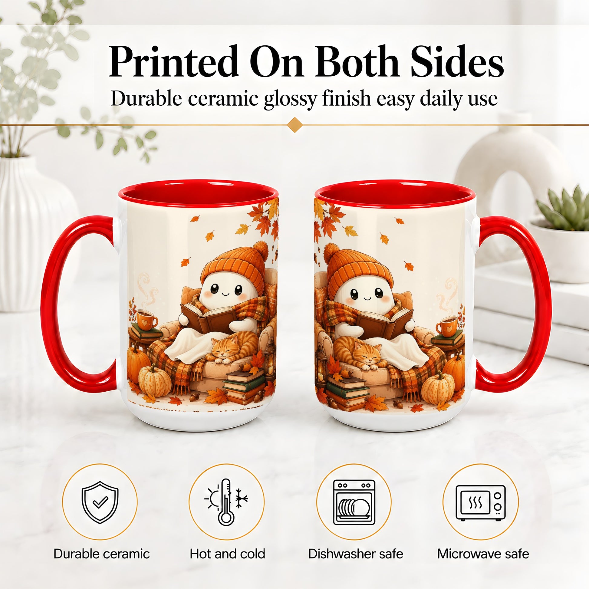 #pl[15oz|Red] Cozy Reading Ghost Ceramic Mug, Autumn Cat Pumpkin Artwork