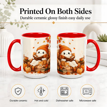 #pl[15oz|Red] Cozy Reading Ghost Ceramic Mug, Autumn Cat Pumpkin Artwork