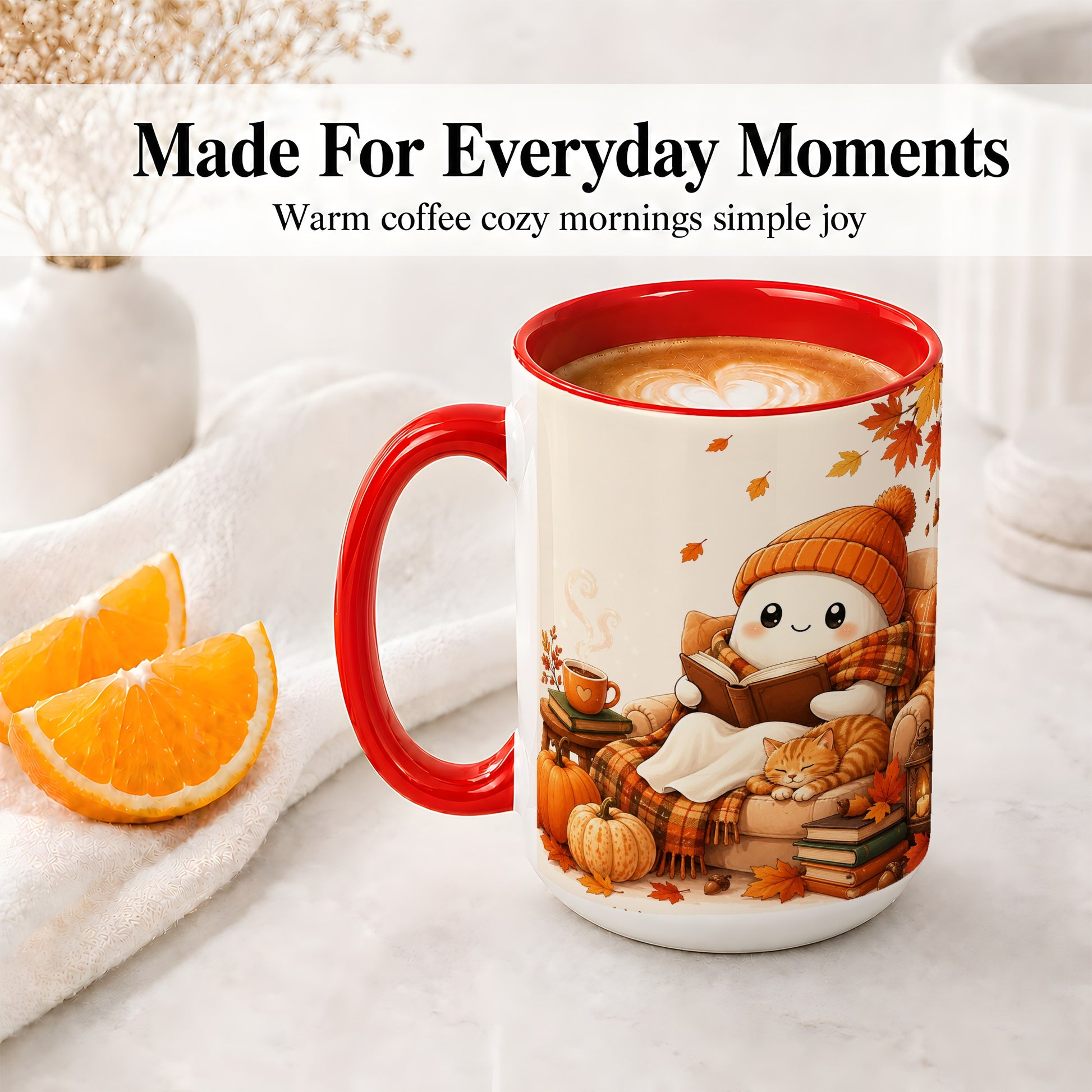 #pl[15oz|Red] Cozy Reading Ghost Ceramic Mug, Autumn Cat Pumpkin Artwork