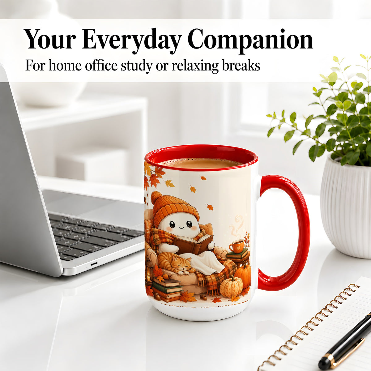 #pl[15oz|Red] Cozy Reading Ghost Ceramic Mug, Autumn Cat Pumpkin Artwork