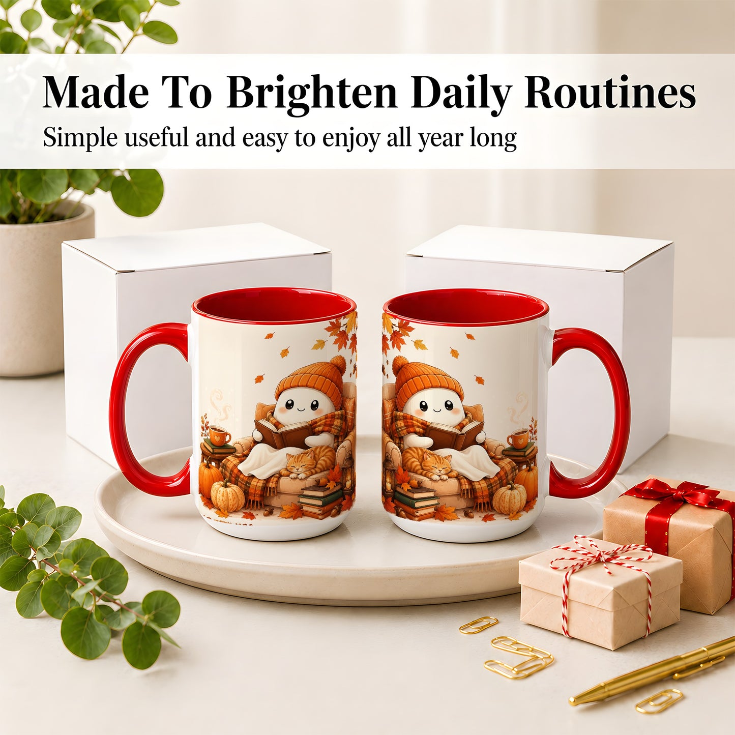 #pl[15oz|Red] Cozy Reading Ghost Ceramic Mug, Autumn Cat Pumpkin Artwork