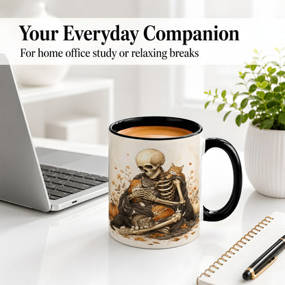 #pl[11oz|Black] Skeleton Cat Cuddle Ceramic Mug, Autumn Kitten Pumpkin Artwork